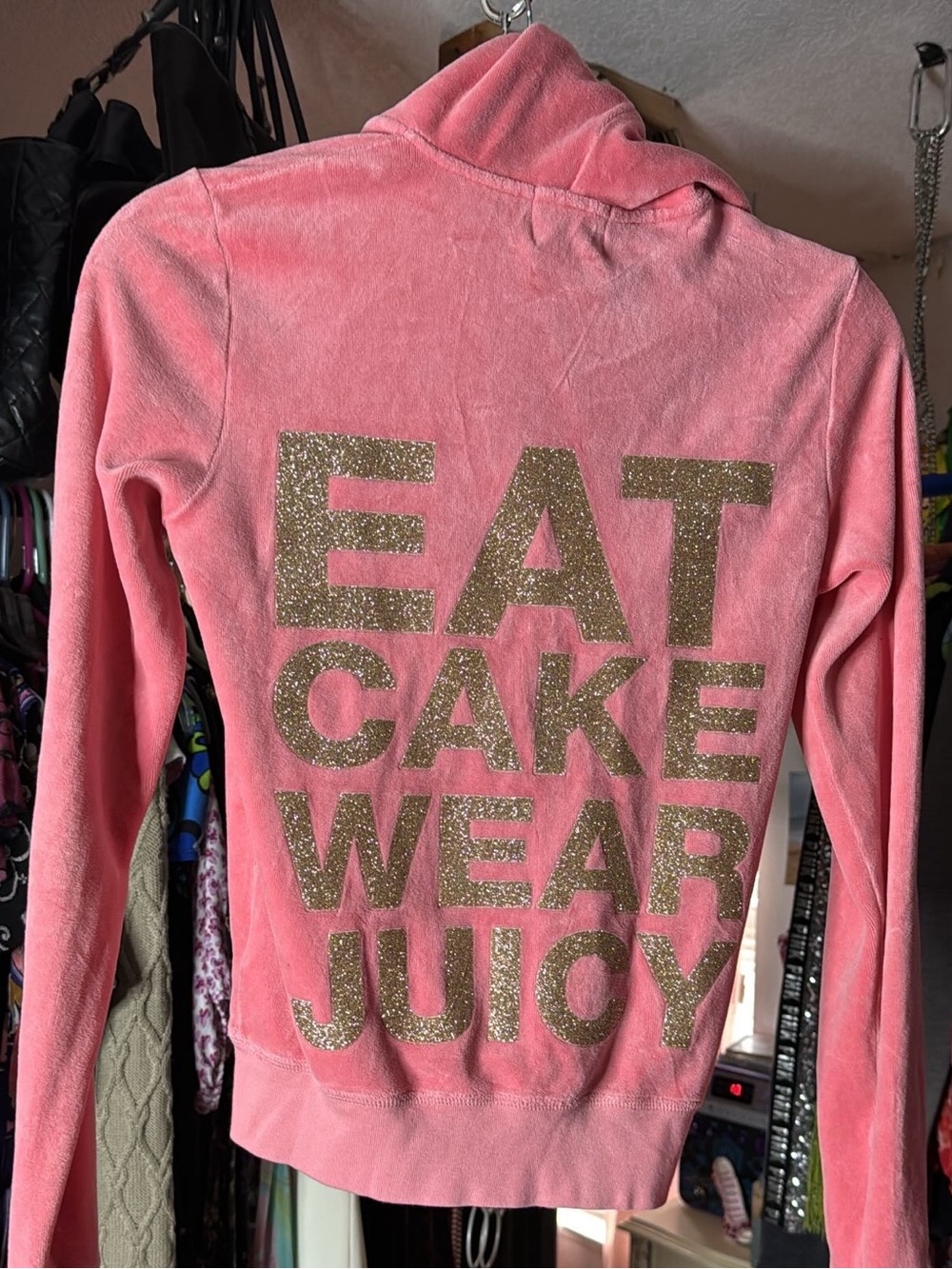 Juicy Couture Pink Velour Hoodie with Gold Glitter Slogan